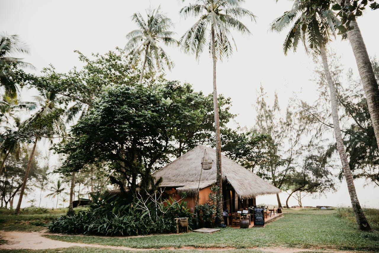 A tropical hut nestled among palm trees by the beach in Vietnam, perfect for relaxation.